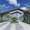 Modern Geometric Entrance Gate With Wooden Structure Green Plants And Paved Ground