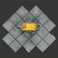 Vintage Yellow Robot With Suitcase Head Metal Body Mechanical Arms Legs On Gray Square Tiles