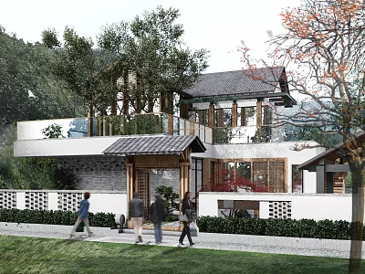 Traditional Modern Homestay Building With Terrace Green Plants Mountain View And Pedestrians 3d model