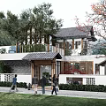 Traditional Modern Homestay Building With Terrace Green Plants Mountain View And Pedestrians