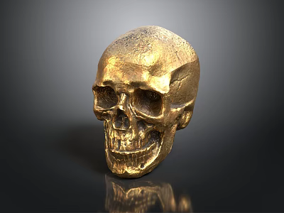Animal Skull Ornament in Golden Finish Placed on Black Background with Shiny Reflection 3d model