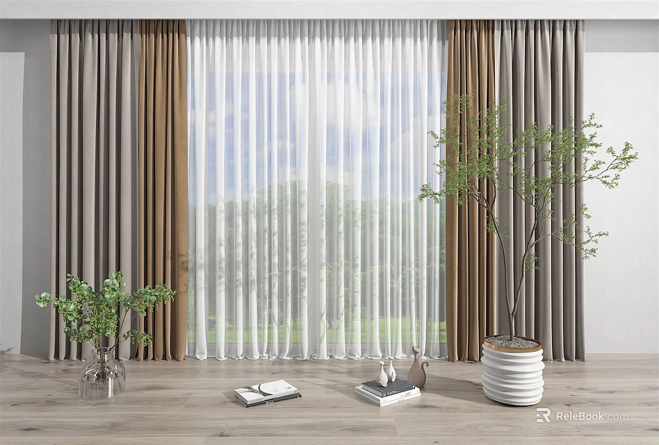 Modern Curtains With Sheer Panels Brown Drapes And Potted Plants On Wooden Floor 3d model 
