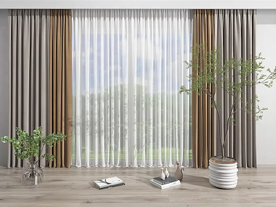 Modern Curtains With Sheer Panels Brown Drapes And Potted Plants On Wooden Floor 3d model