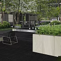 Modern Residential Garden Landscape With High Rise Buildings Green Plants And Entrance Driveway