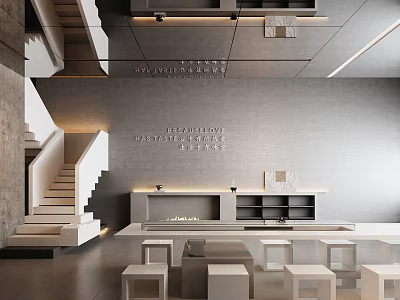 Industrial Style Cafe Interior With Concrete Walls Staircase And Minimalist Tables 3d model