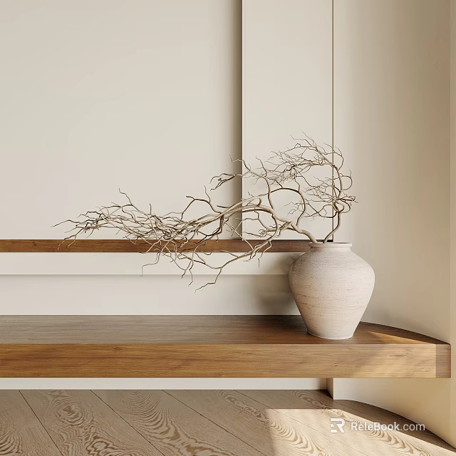 Minimalist Vase With Dried Branches On Wooden Shelf Against Light Colored Wall With Wooden Trim 3d model 