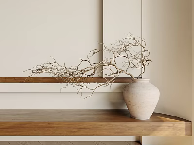 Minimalist Vase With Dried Branches On Wooden Shelf Against Light Colored Wall With Wooden Trim 3d model