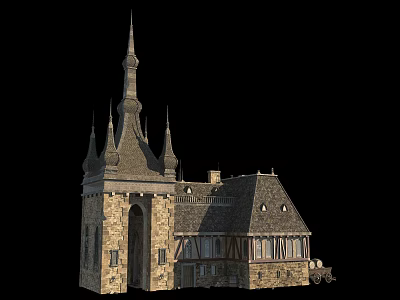 Historic Building With Pointed Spires Stone Walls Sloped Roof And Wooden Framed Windows 3d model