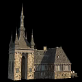 Historic Building With Pointed Spires Stone Walls Sloped Roof And Wooden Framed Windows