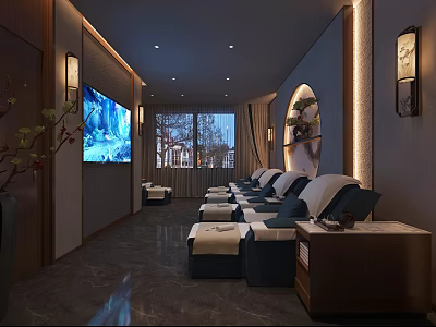 Elegant SPA Sauna Interior Design With Massage Beds Wall TV Windows Decorative Lights And Plants 3d model