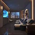 Elegant SPA Sauna Interior Design With Massage Beds Wall TV Windows Decorative Lights And Plants