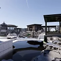 Chinese Courtyard Garden With Pond Lotus Leaves Rock Formations And Pavilion