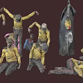 Multiple zombie like people wearing yellow shirts standing and lying in dark background