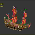Vintage Wooden Sailing Ship with Red and Yellow Sails and Flags