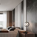Modern Bedroom Interior Design With Large Bed Floor to Ceiling Window And Decorative Wall Nightstand