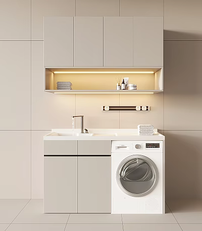 Modern White Bathroom Vanity Cabinet With Lighted Shelf Sink Washer And Towels 3d model