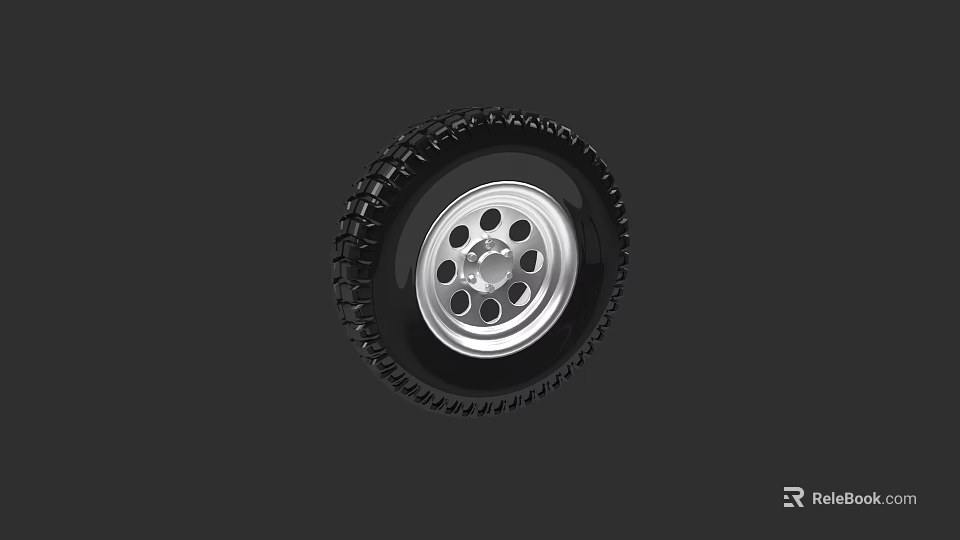 Car Tire With Silver Wheel Rim And Deep Tread Pattern For Vehicles 3d model 