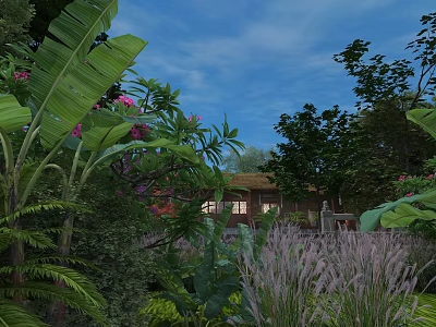 Tropical Garden Landscape With Lush Greenery Pink Flowers Purple Grass Small House And Blue Sky 3d model