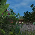 Tropical Garden Landscape With Lush Greenery Pink Flowers Purple Grass Small House And Blue Sky