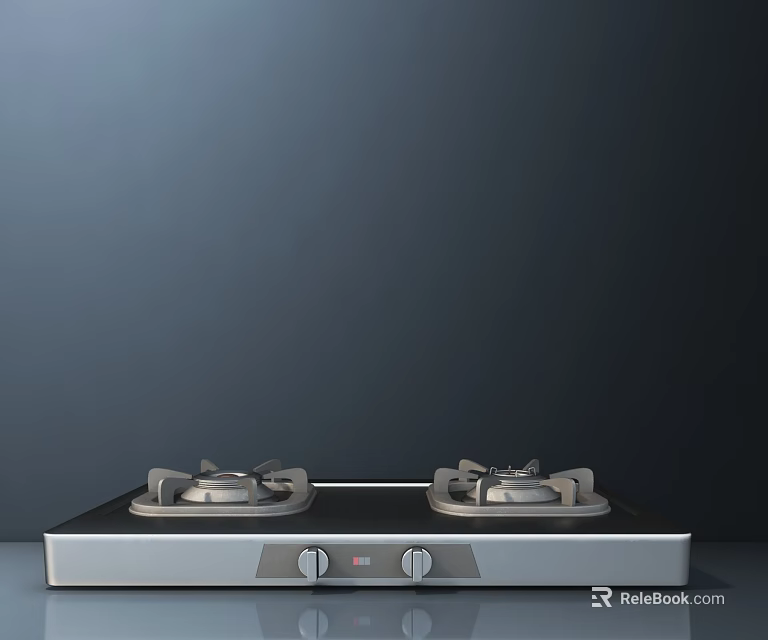 Modern Gas Stove With Two Burners Black Cooktop And Silver Frame Control Knobs 3d model 