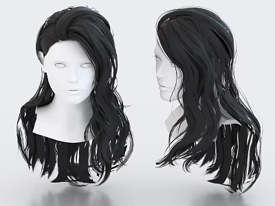 Elegant Black Long Curly Hairpiece Decorative Ornament Set On Mannequin Heads 3d model