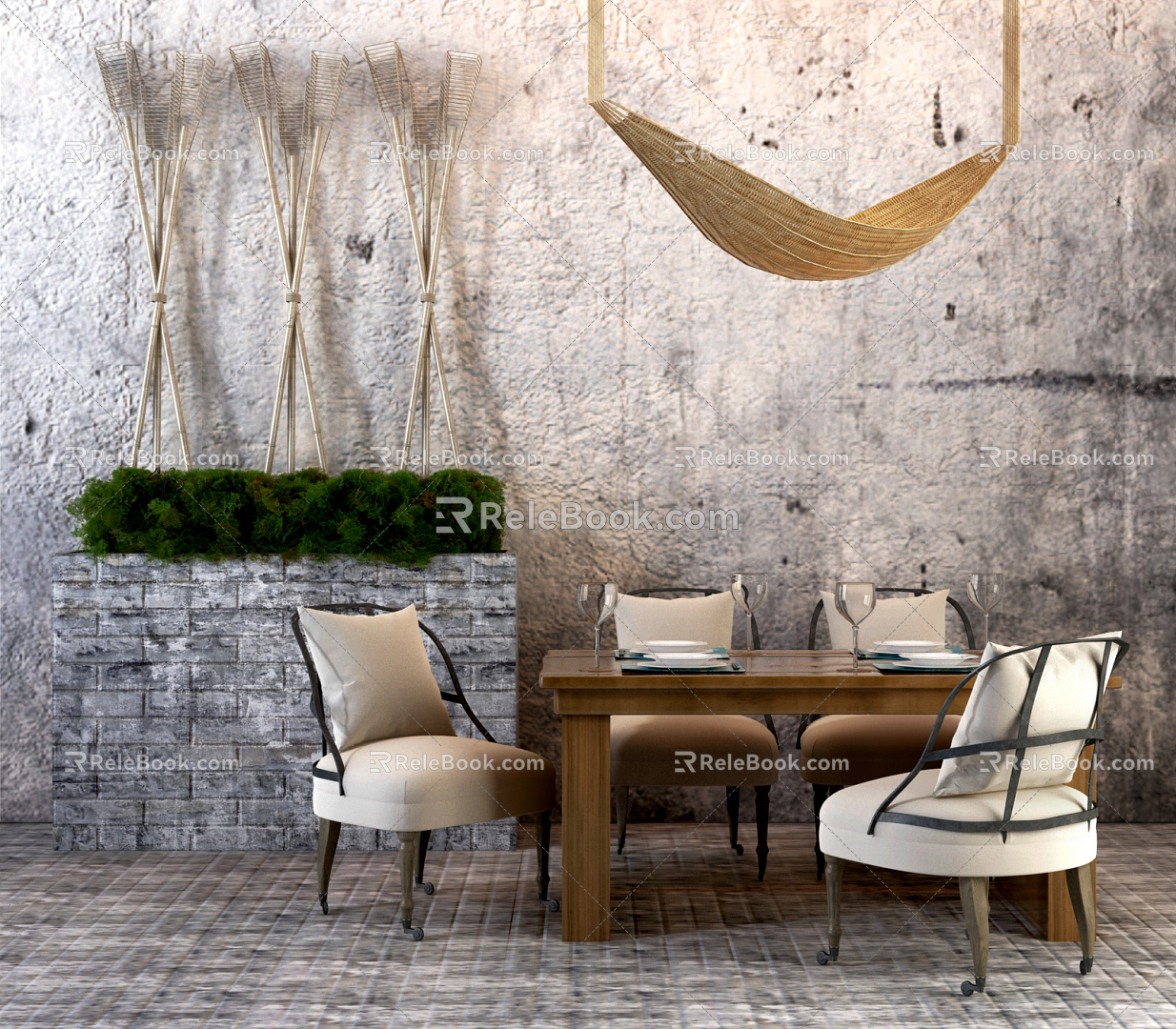 Industrial LOFT Dining Table and Chair Combination Dining Table and Chair Original Ecological Decorative Hammock Lamp 3d model