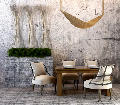 Dining Table Set With Wooden Table Chairs Hanging Hammock Green Plants And Stone Wall 3d model
