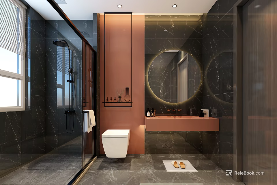 Modern Bathroom Interior With Marble Walls Circular Mirror Copper Countertop And White Toilet 3d model 