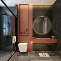 Modern Bathroom Interior With Marble Walls Circular Mirror Copper Countertop And White Toilet