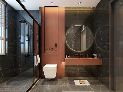 Modern Bathroom Interior With Marble Walls Circular Mirror Copper Countertop And White Toilet 3d model