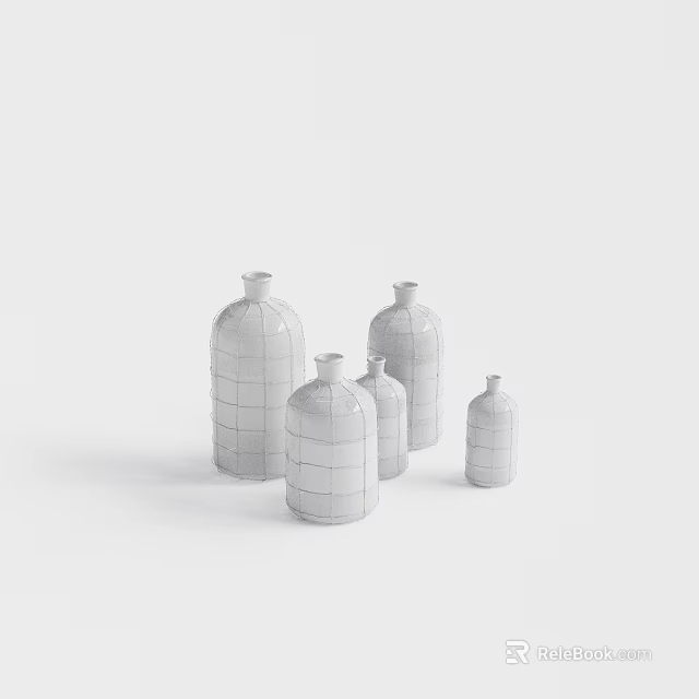 White Ceramic Vases Decorative Ornament Set With Layered Design And Various Sizes 3d model 