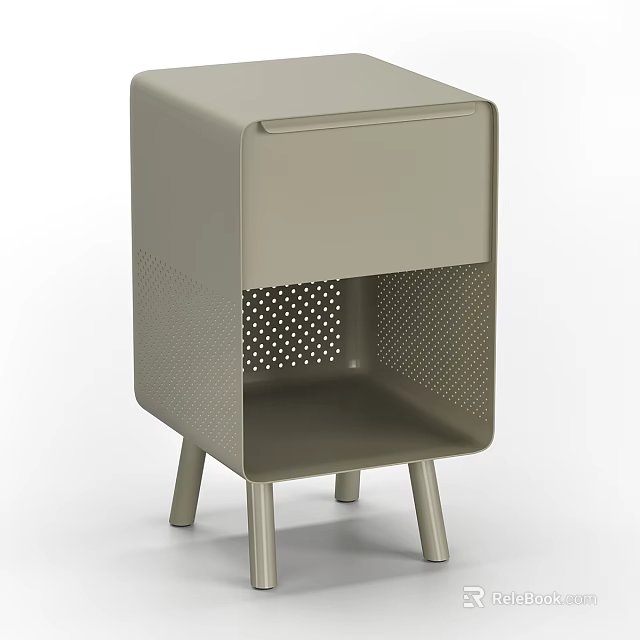 Modern Light Gray Bedside Table With Drawer Perforated Detail And Metal Legs 3d model 
