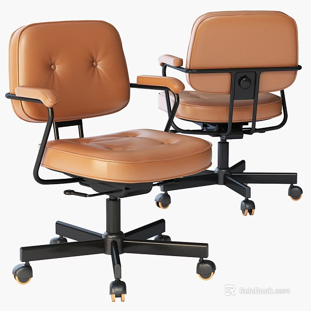 Brown Leather Office Chair with Armrests Black Frame and Swivel Wheels 3d model 