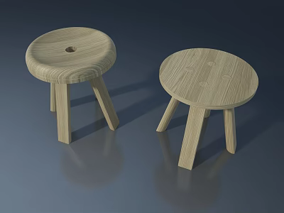 Two Round Wooden Stools With Natural Wood Texture And Solid Legs Design 3d model