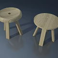 Two Round Wooden Stools With Natural Wood Texture And Solid Legs Design 3d model