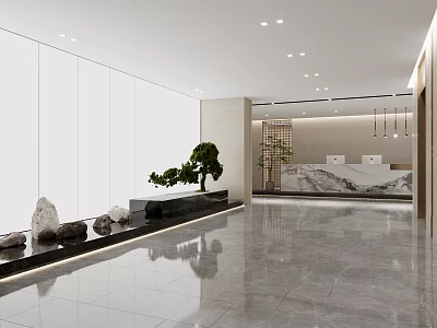 Modern Lobby Reception Desk With Marble Floor Green Plants And Decorative Stones 3d model