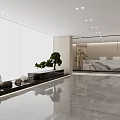 Modern Lobby Reception Desk With Marble Floor Green Plants And Decorative Stones