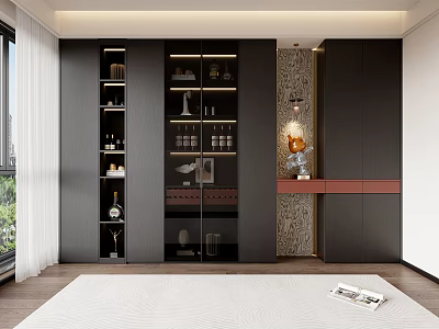Modern Dark Wine Cabinet Design With Glass Doors Wine Bottles Decorative Items And Lighting 3d model