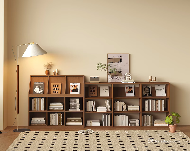 Wooden Bookshelf With Books Photos Decorative Items And Potted Plant Near Floor Lamp 3d model 