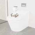 Modern White Wall Mounted Toilet with Toilet Paper Holder and Tissue Box in Bathroom