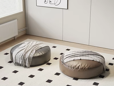 Round Gray And Brown Poufs With Blankets On Black And White Square Pattern Carpet 3d model