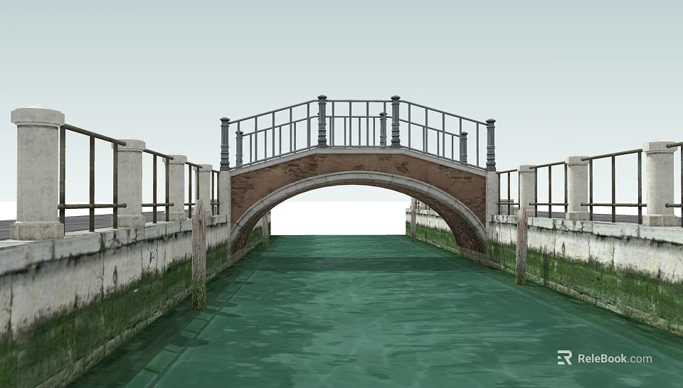 Scenic Arch Stone Bridge With Metal Railings Over Green Canal Water View 3d model 