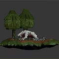 Game Character Battling Giant White Bloodstained Boar In Wooded Rocky Environment