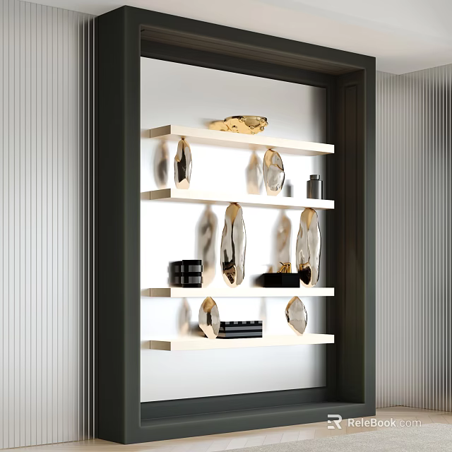 Modern Floating Wall Shelving Unit With White Shelves Golden Ornaments Clear Crystal And Black Boxes 3d model 