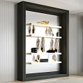 Modern Floating Wall Shelving Unit With White Shelves Golden Ornaments Clear Crystal And Black Boxes