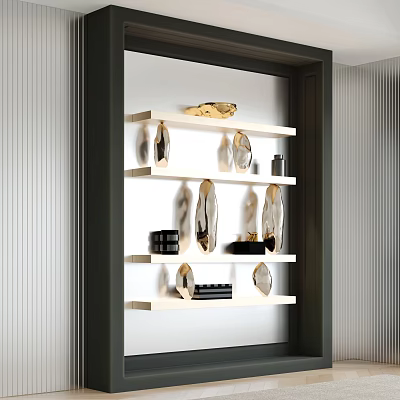 Modern Floating Wall Shelving Unit With White Shelves Golden Ornaments Clear Crystal And Black Boxes 3d model