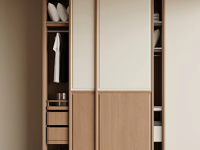 Modern Wooden Wardrobe Interior With Sliding Doors Hanging Space Shelves And Drawers 3d model
