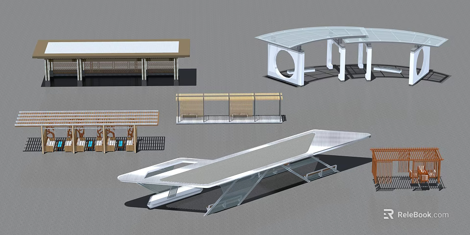 Modern Pergola Structures With Curved Roof Metal Frames And Wooden Benches 3d model 