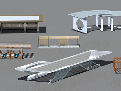 Modern Pergola Structures With Curved Roof Metal Frames And Wooden Benches 3d model