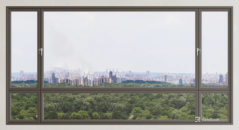 Large Casement Window With City Skyline And Green Forest View 3d model 